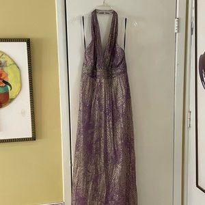 David Mediterranean purple & gold print halter gown, sz 10